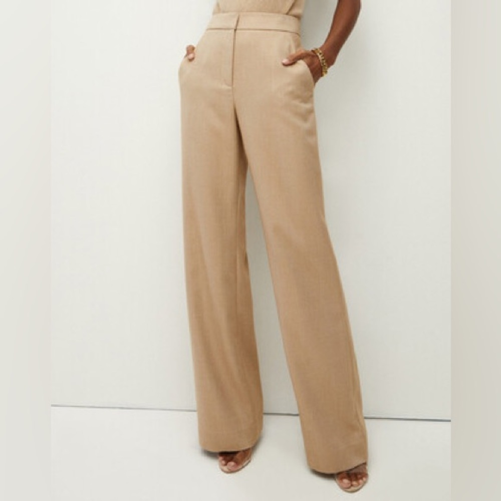 Veronica Beard Tonelli herringbone twill wide leg trousers in camel tan